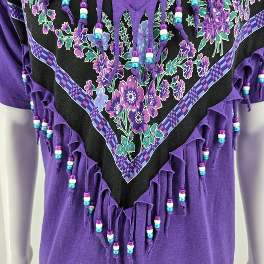 Vintage 1990s Fashion Gear Floral Purple Beaded Fringe Made in USA T-Shirt (XL)