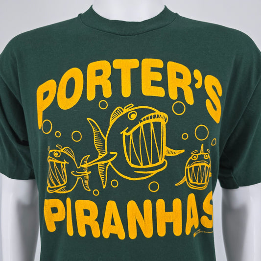 Vintage 1990s Fruit of the Loom Best Porter's Piranhas Green T-Shirt (L)