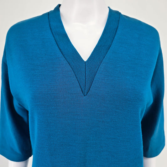 Vintage 1960s R & K Knits Teal Blue V-Neck Mod Shift Knit Sweater Dress (S)