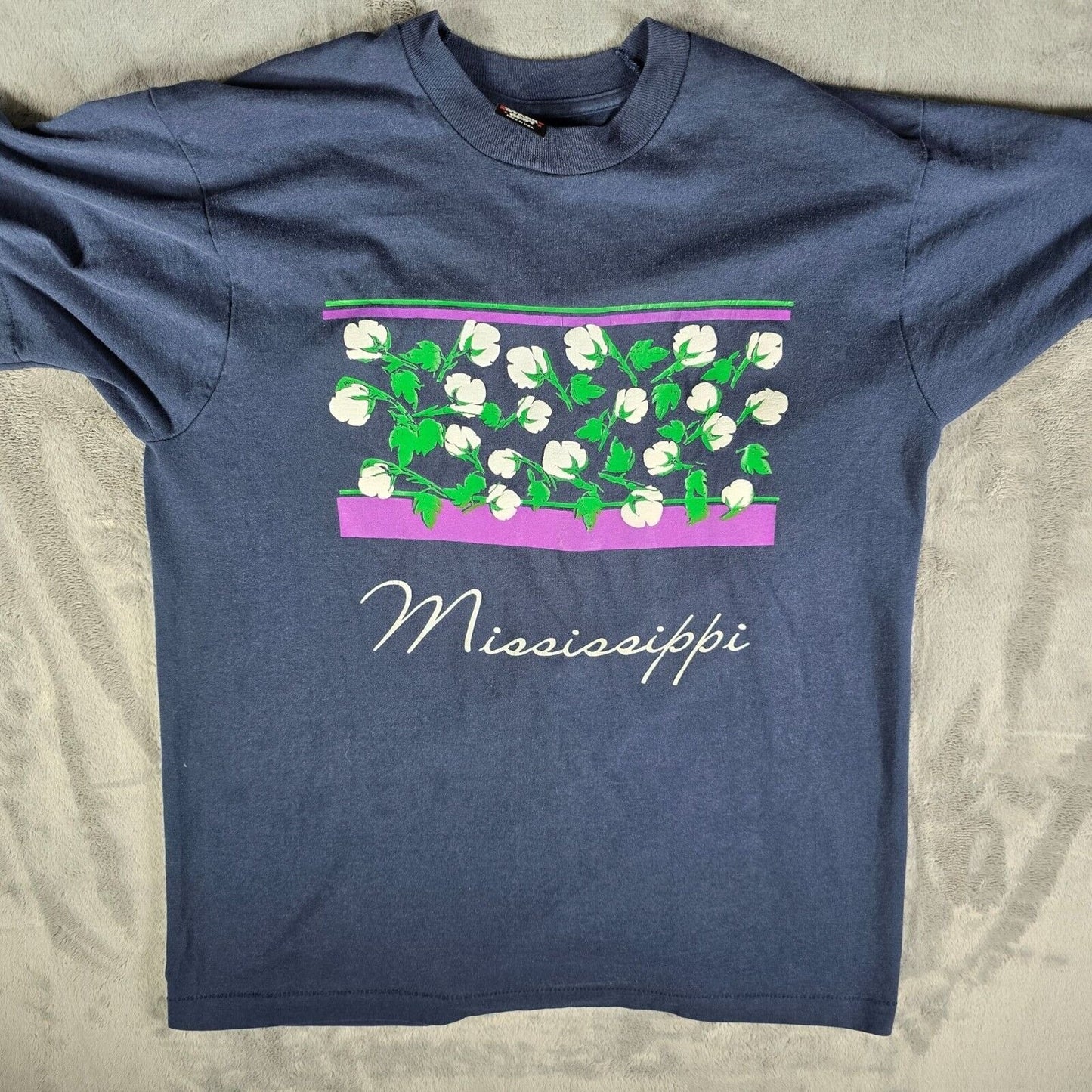 Vintage Late 1980s Screen Stars Mississippi Cotton Field Puff Print T-Shirt (L)