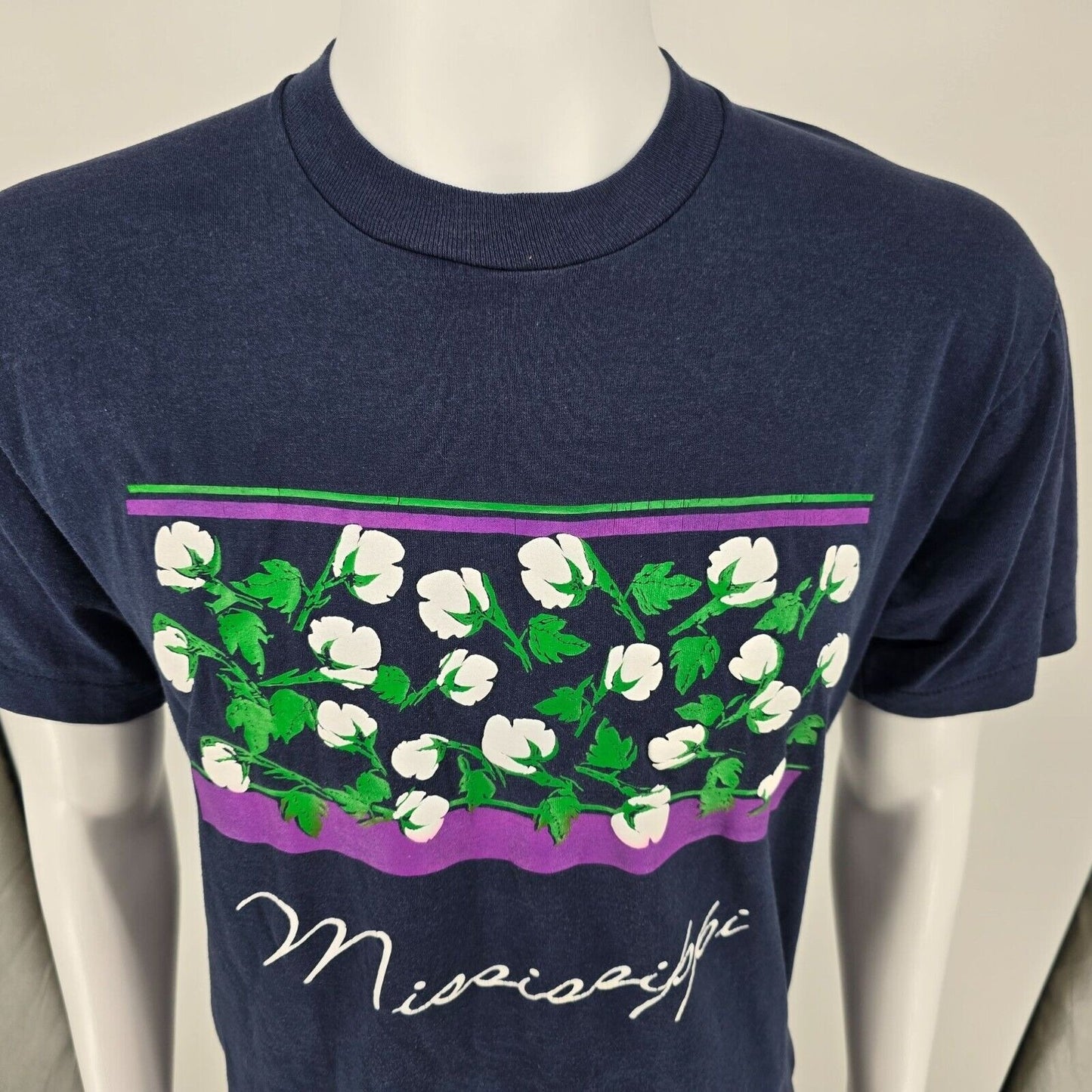 Vintage Late 1980s Screen Stars Mississippi Cotton Field Puff Print T-Shirt (L)