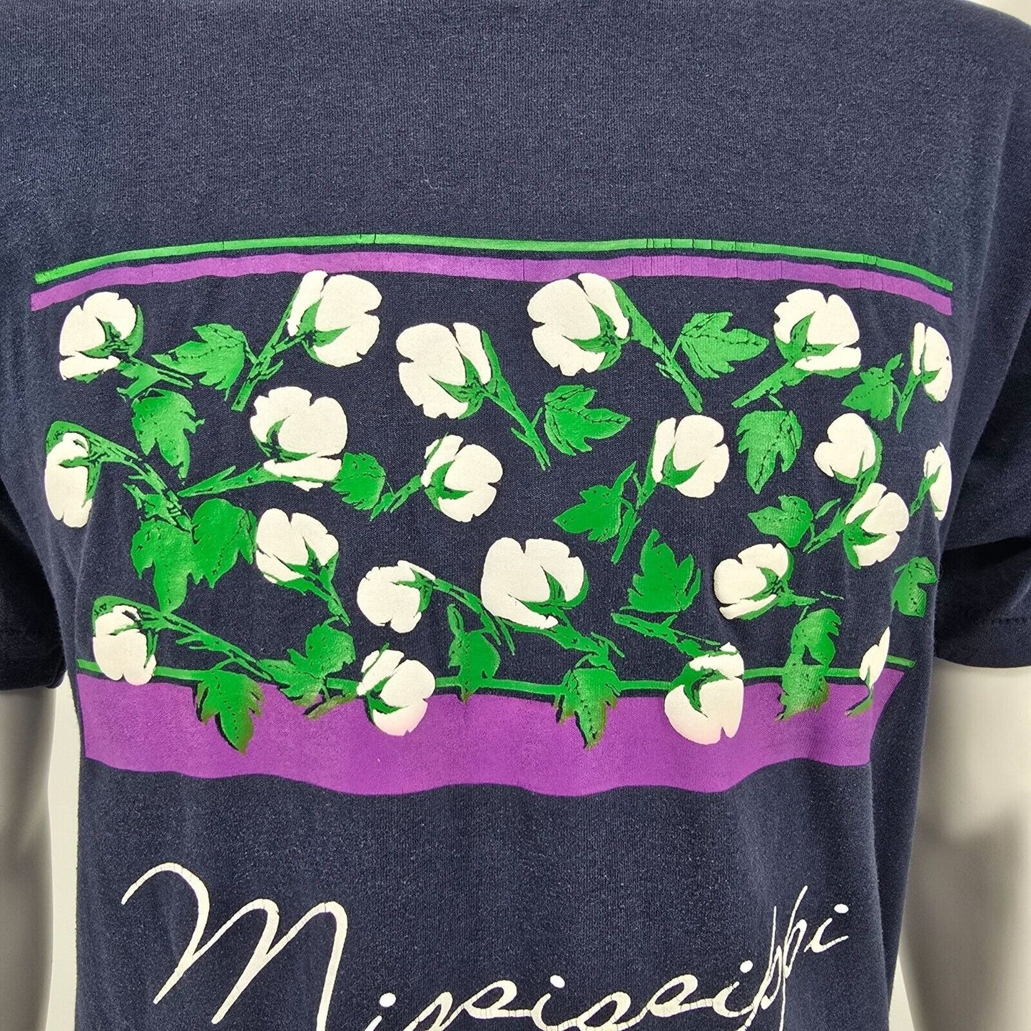 Vintage Late 1980s Screen Stars Mississippi Cotton Field Puff Print T-Shirt (L)
