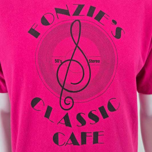 Vintage 1980s Hanes Fifty-Fifty Pink Fonzie's Classic Cafe T-Shirt (M/L)