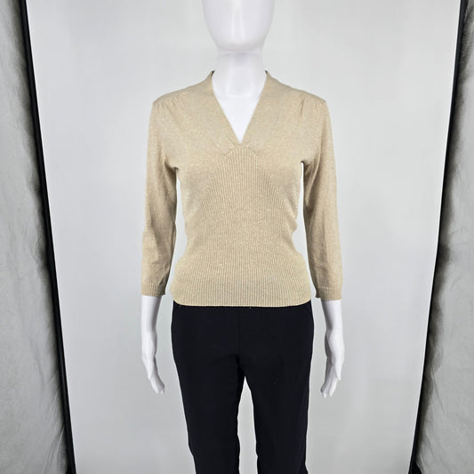 2000s George Women's Gold Metallic Silk Blend V-Neck Sweater (Extra Small 0/2)