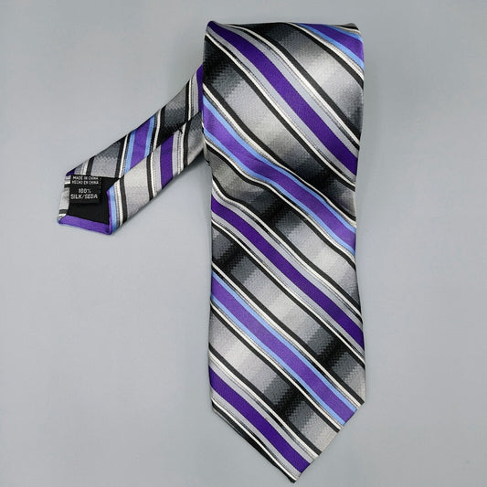 George 100% Silk Purple, Black, and Gray Striped Necktie *Stain*