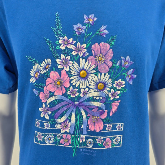 Vintage 1990s Morning Sun Forrer Floral Bouquet Graphic Blue Polo T-Shirt (L)