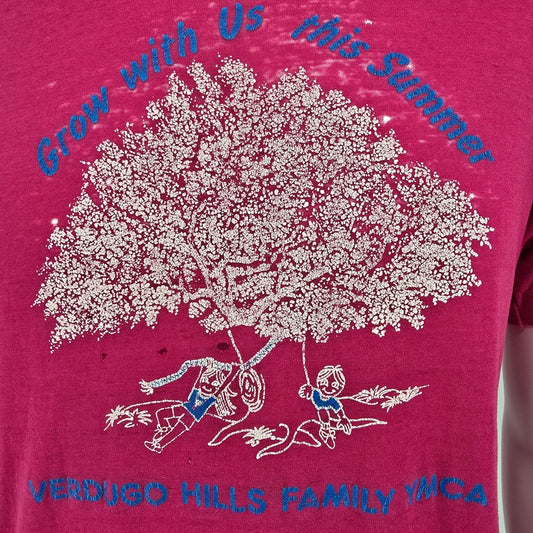 Thrashed Vintage 1980s Verdugo Hills Family YMCA Soft & Thin Magenta T-Shirt (L)