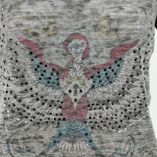 Y2K Aesthetic Crash & Burn Rhinestone Embellished Burnout V-Neck T-Shirt (8/M)