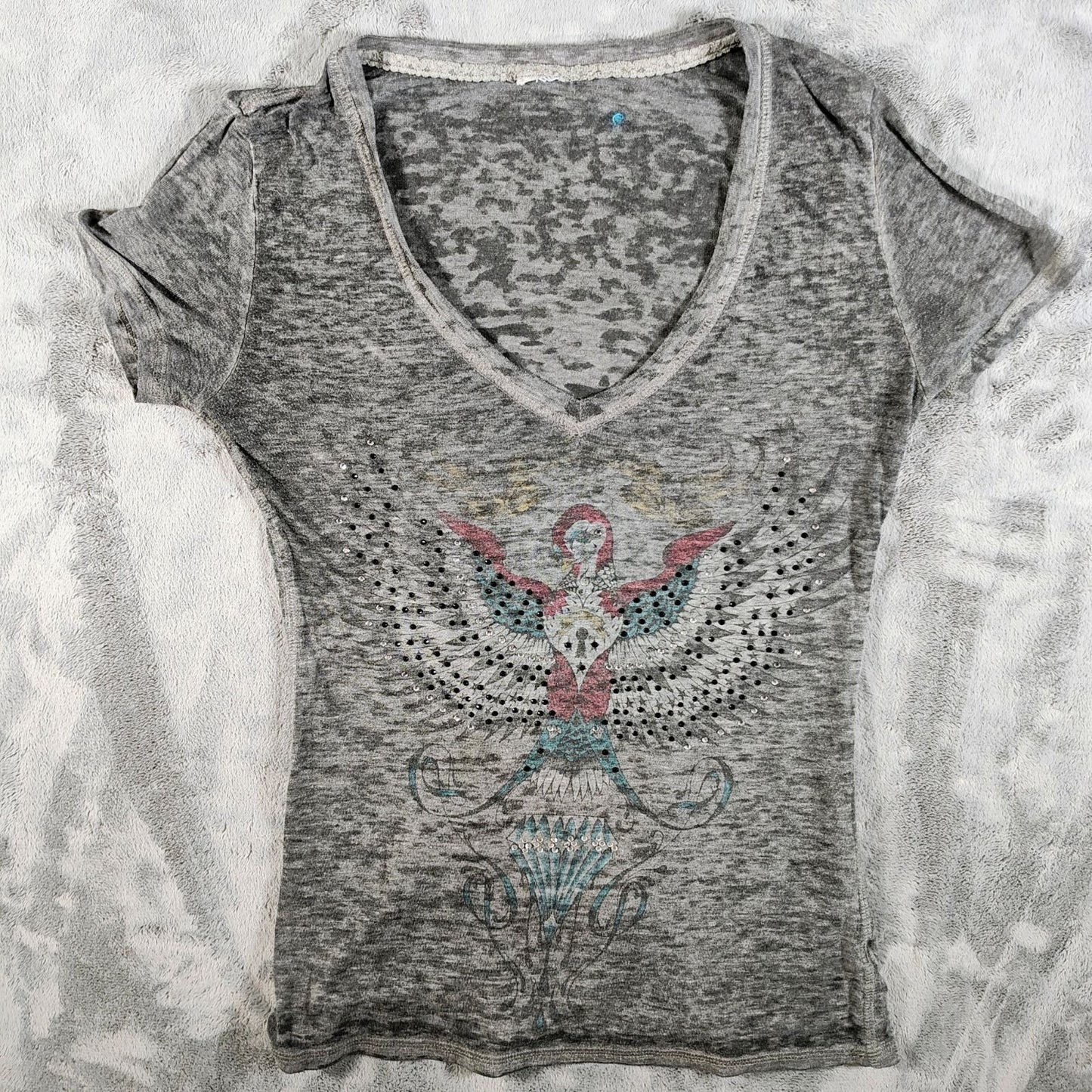 Y2K Aesthetic Crash & Burn Rhinestone Embellished Burnout V-Neck T-Shirt (8/M)