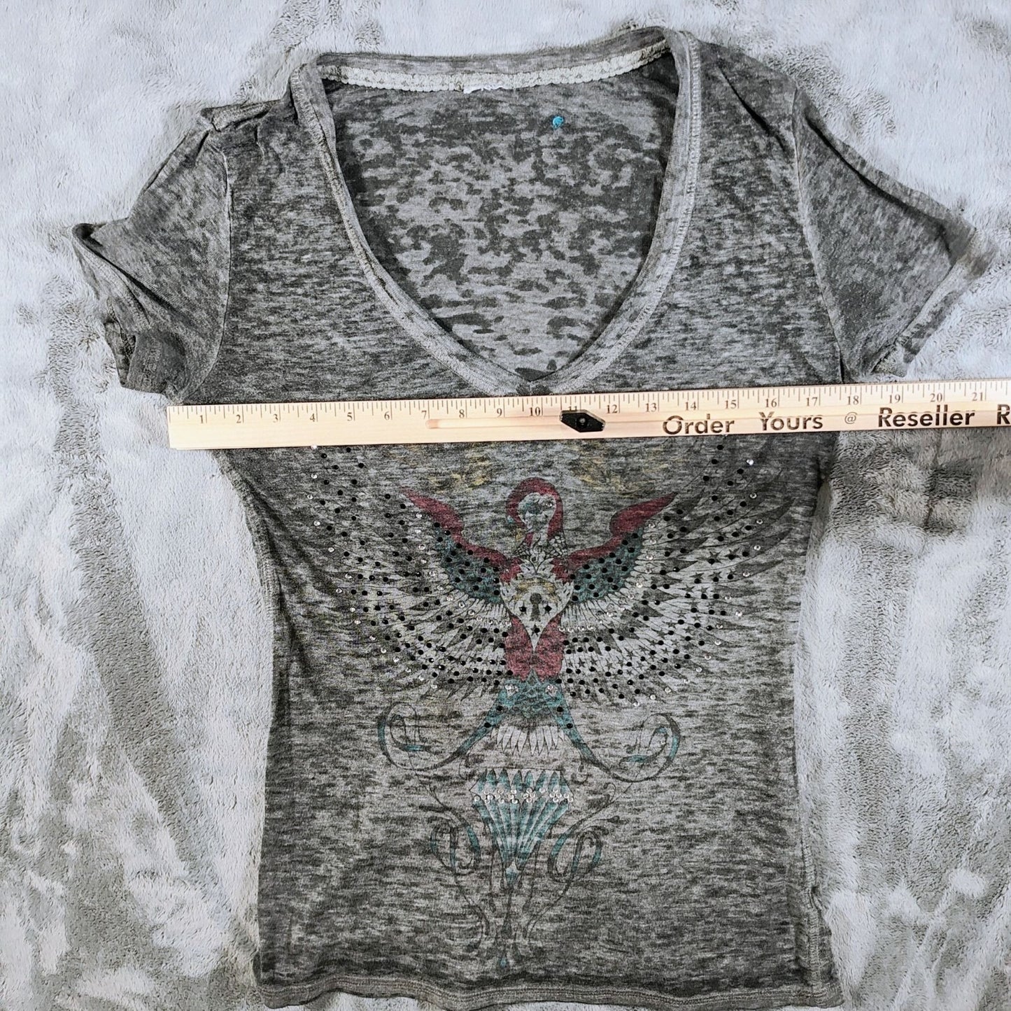 Y2K Aesthetic Crash & Burn Rhinestone Embellished Burnout V-Neck T-Shirt (8/M)