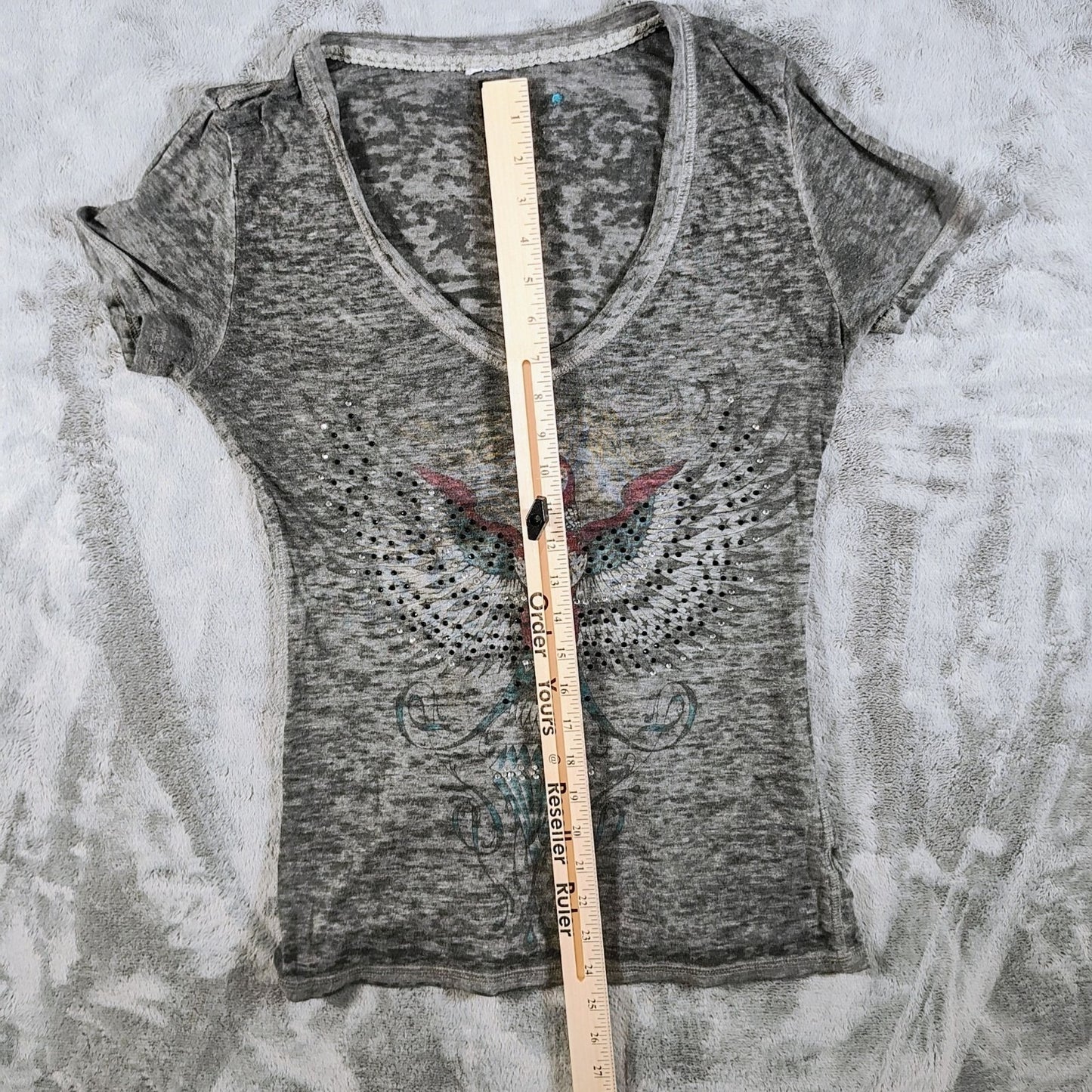 Y2K Aesthetic Crash & Burn Rhinestone Embellished Burnout V-Neck T-Shirt (8/M)