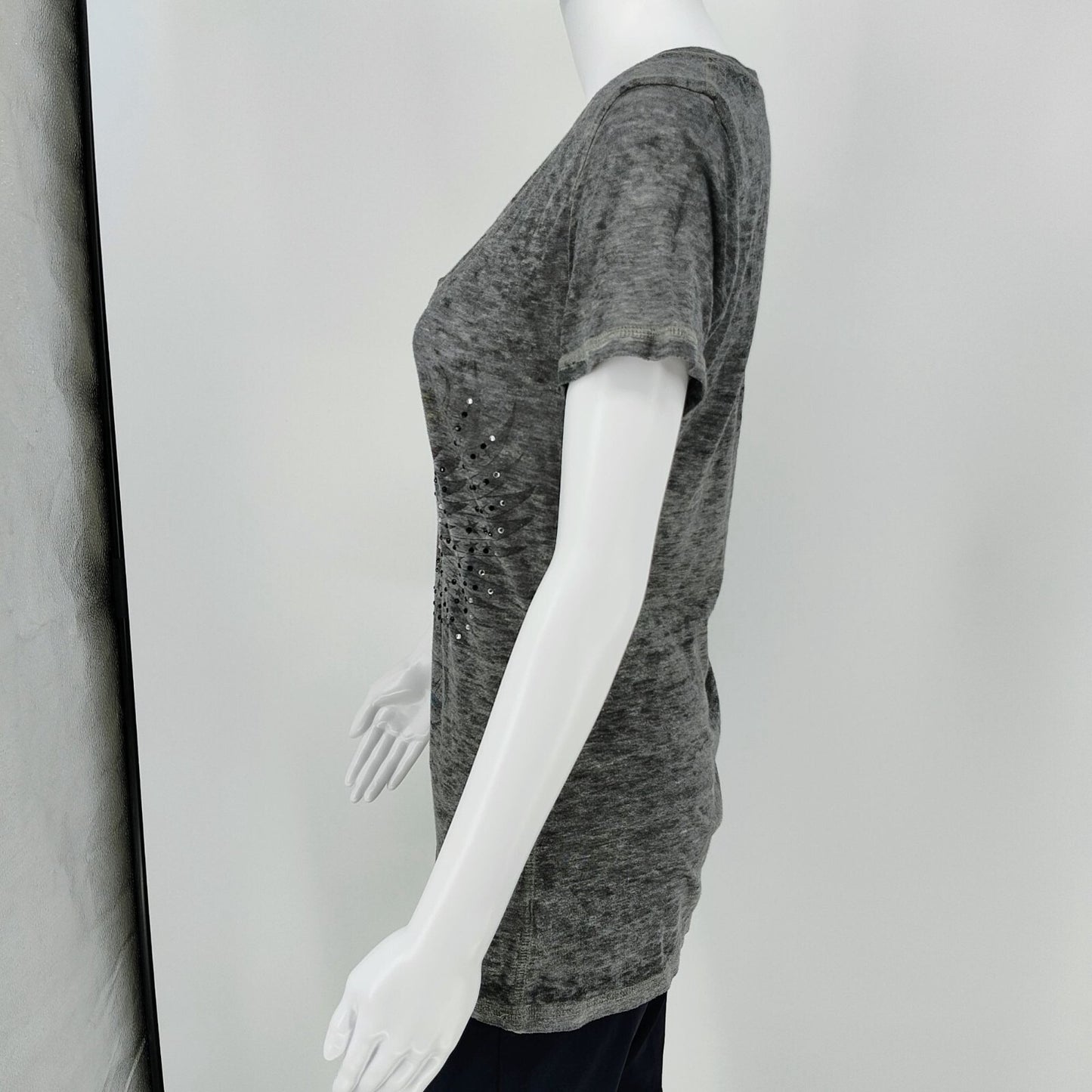 Y2K Aesthetic Crash & Burn Rhinestone Embellished Burnout V-Neck T-Shirt (8/M)