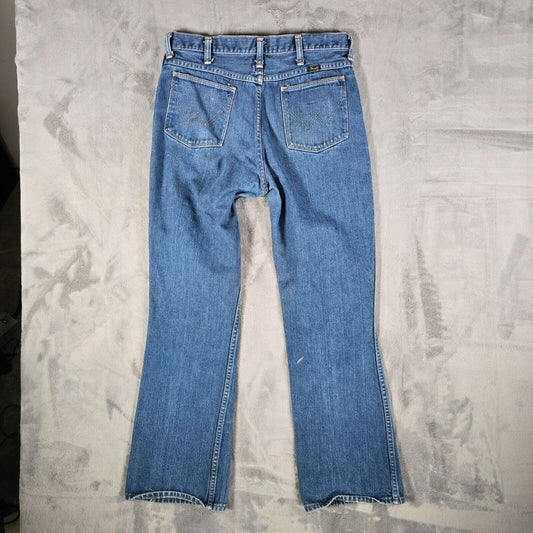 Vintage 1970s Mens Wrangler Talon Zipper Peace Sign Patch Hippie Jeans (32x30)