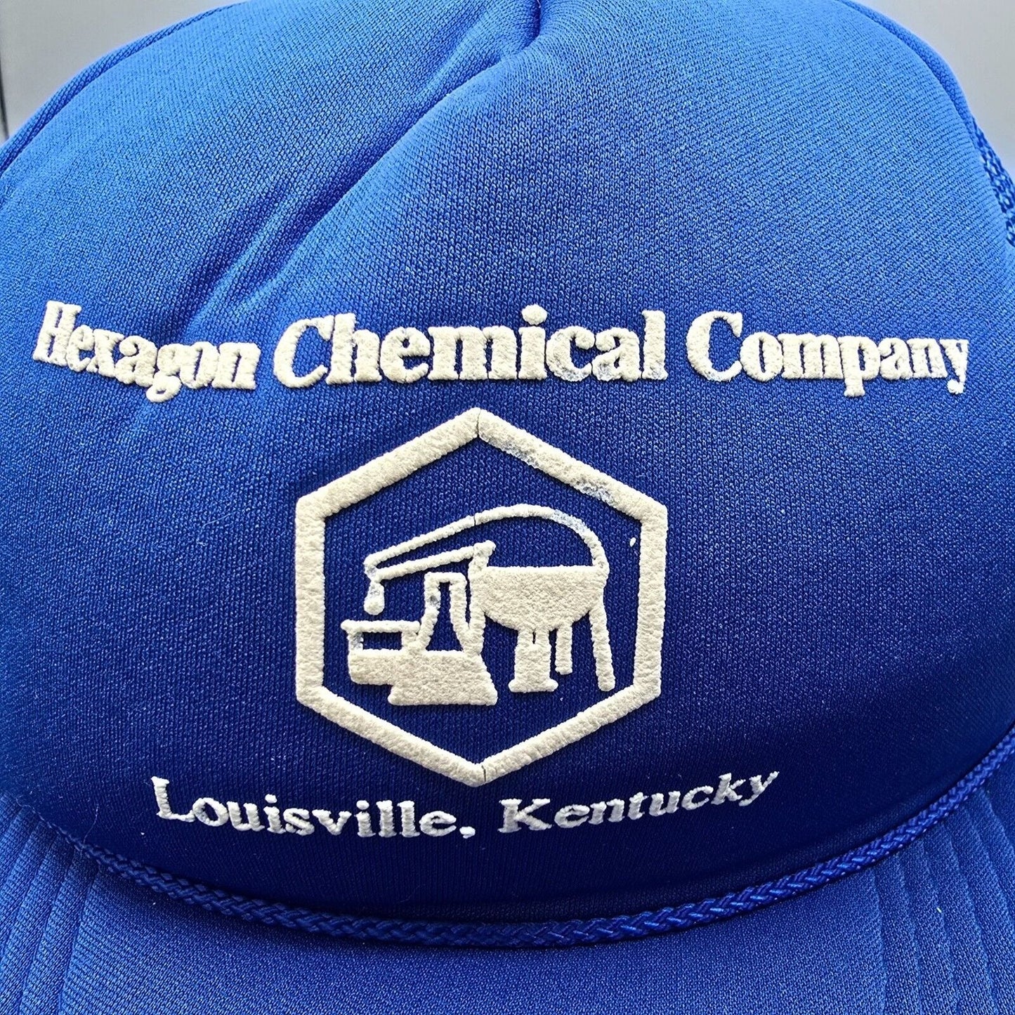 Vintage 80s Hexagon Chemical Company Louisville Kentucky Blue Crown Trucker Hat