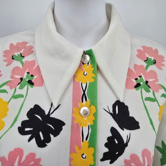 Vintage 1970s Floral Butterfly Polyester Double Knit Button-Up Top (XXL)