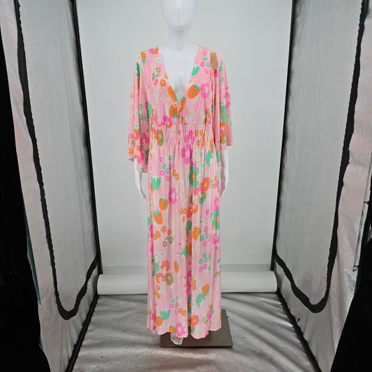Vintage 1970s Pink Floral Angel Sleeve Empire Waist Maxi Dress Hostess Gown (L)