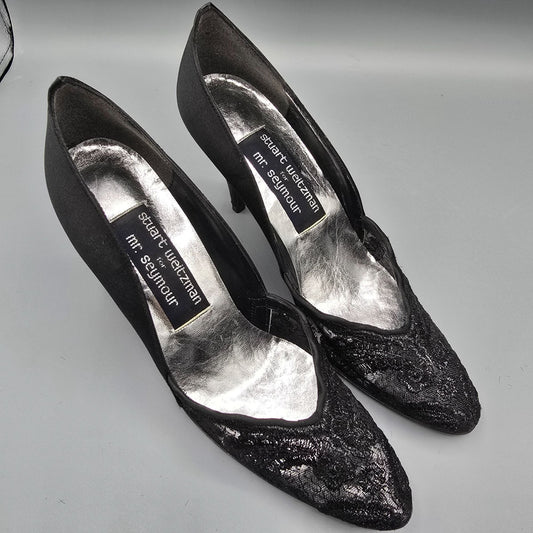 Vintage 1980s Stuart Weitzman for Mr. Seymour Black Lace & Satin Pumps (7.5AA)