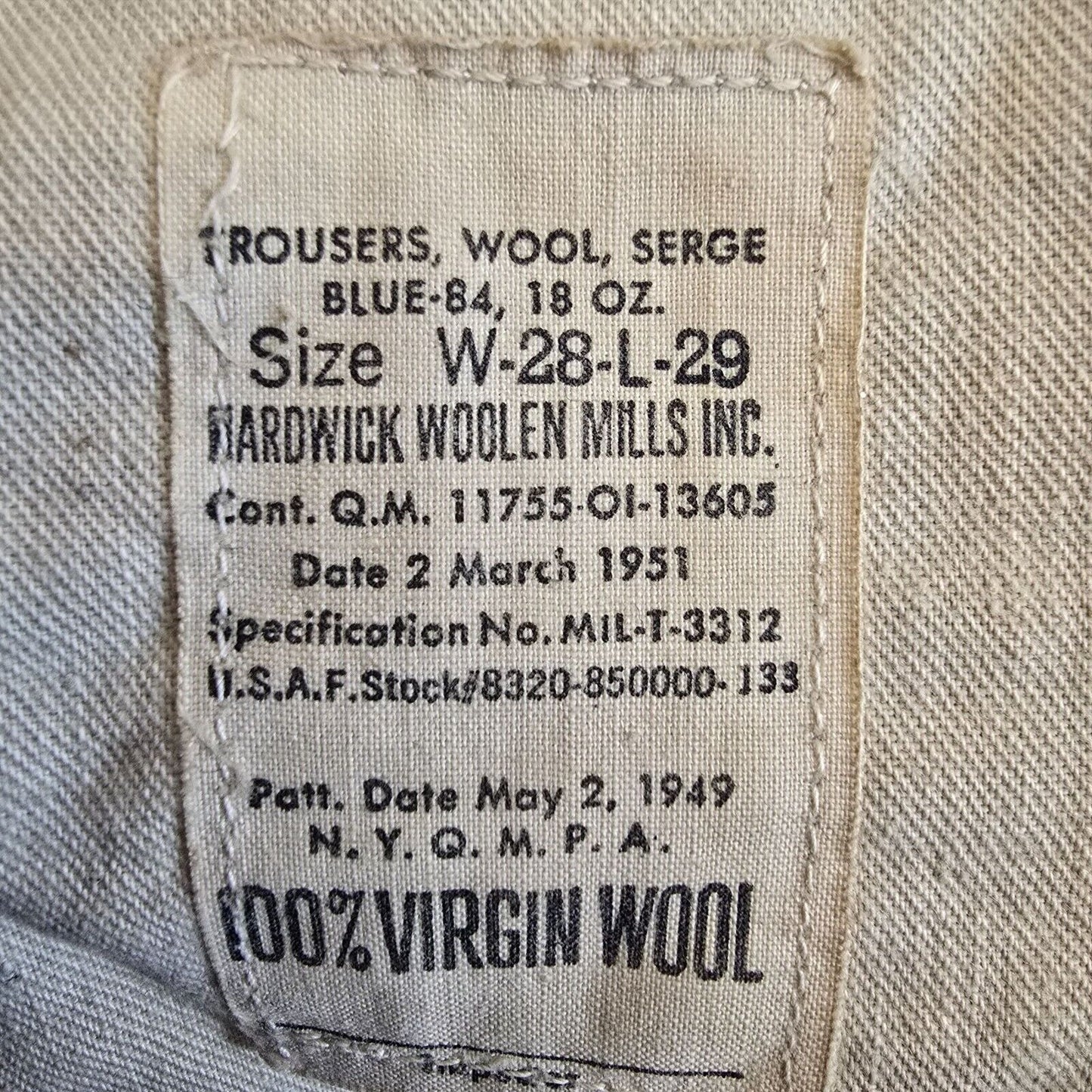 Vintage 1951 Korean War U.S Air Force Blue-84 Serge Virgin Wool Trousers (28x28)