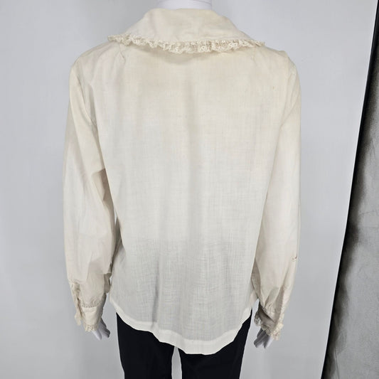 Distressed Vintage 1960s Judy Bond Peter Pan Collar Lace Trim Shirt Blouse (L)