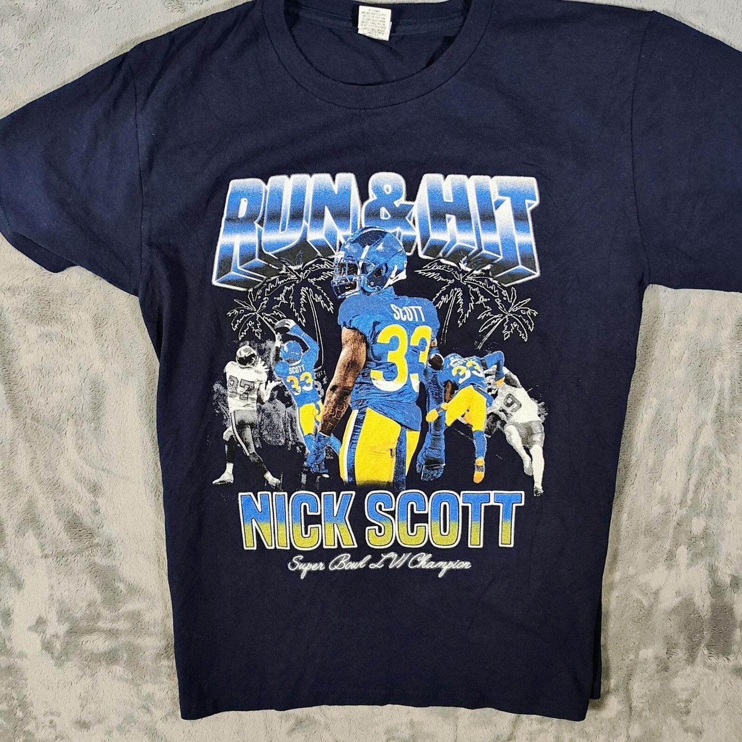 Run & Hit Nick Scott Super Bowl LVI Champion Rams Navy Graphic T-Shirt (Youth L)