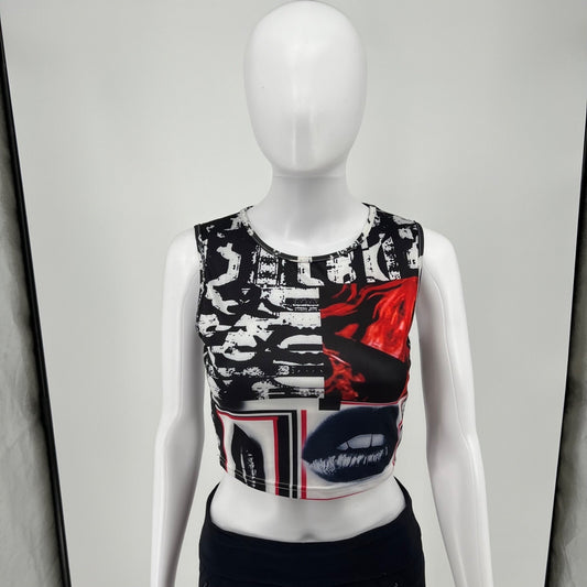 Shein Women's Y2K Aesthetic Patchwork Lips Print Stretch Cropped Tank Top (S)