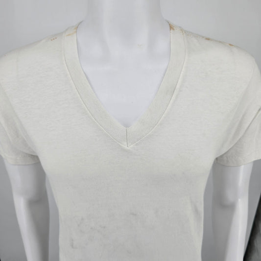 Distressed Vintage Early 1990s Hanes V-Neck Blank White Cotton T-Shirt (S)