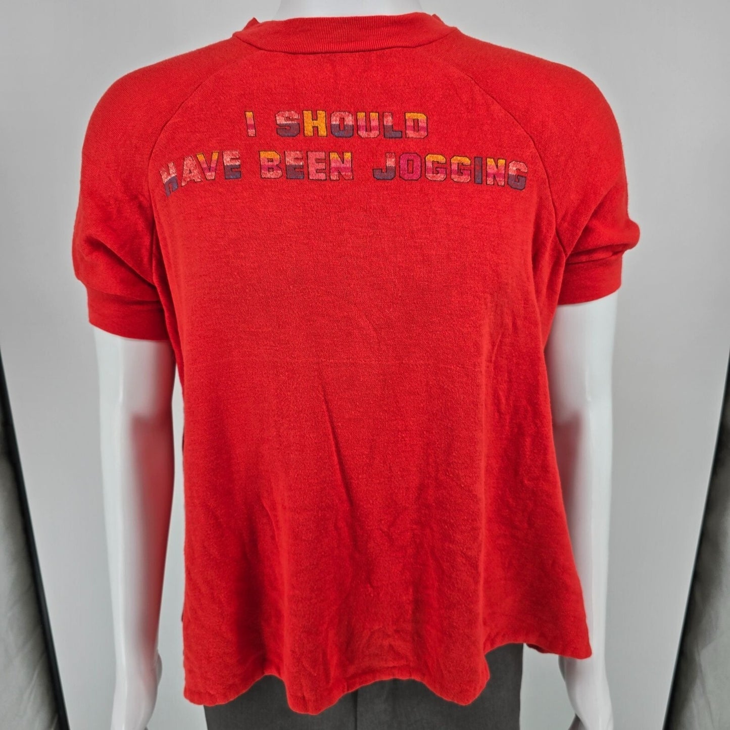 Vintage 1970s "I Should Have Been Jogging" Red Short-Sleeve Sweatshirt (XL)