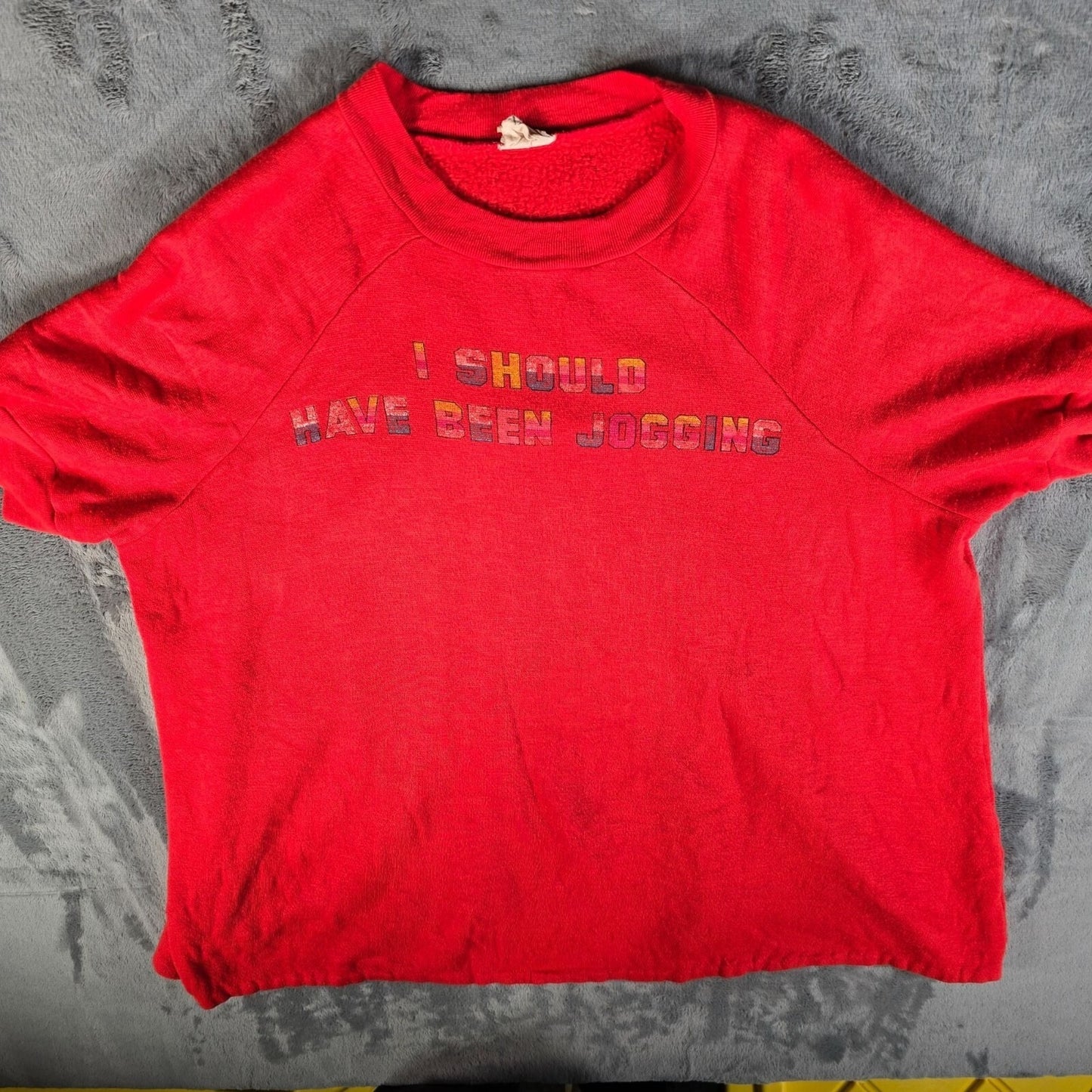 Vintage 1970s "I Should Have Been Jogging" Red Short-Sleeve Sweatshirt (XL)