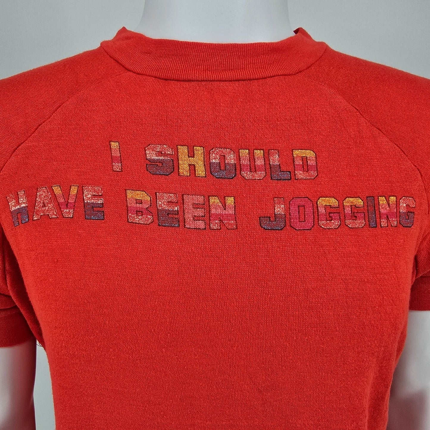 Vintage 1970s "I Should Have Been Jogging" Red Short-Sleeve Sweatshirt (XL)