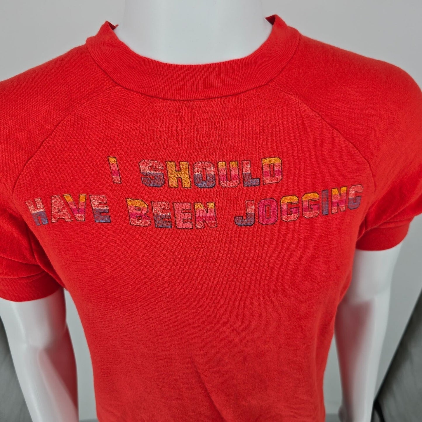 Vintage 1970s "I Should Have Been Jogging" Red Short-Sleeve Sweatshirt (XL)