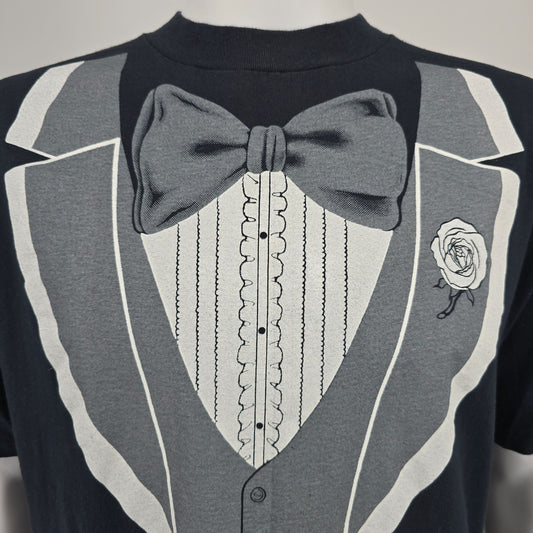 Vintage 1980s Hanes Beefy-T/Athletic Supporter LTD Tuxedo Print T-Shirt (L)