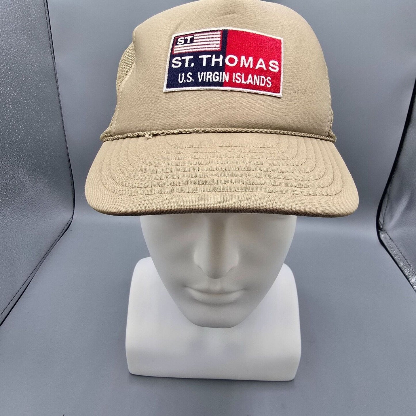 Vintage St. Thomas U.S. Virgin Islands Flag Patch Beige Nissun Cap Trucker Hat