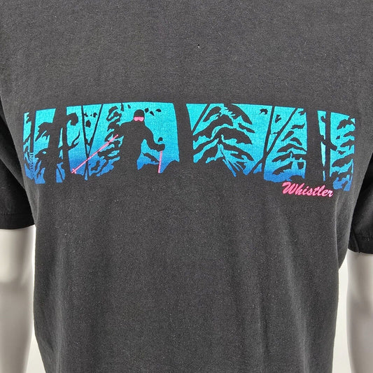 Vintage 1990s Whistler Skiing Tree Skier Graphic Black Short Sleeve Shirt (M/L)
