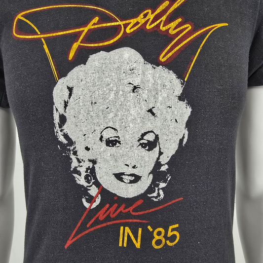 Vintage 1980s Screen Stars Dolly Parton Live in '85 Black Concert T-Shirt (XS/S)