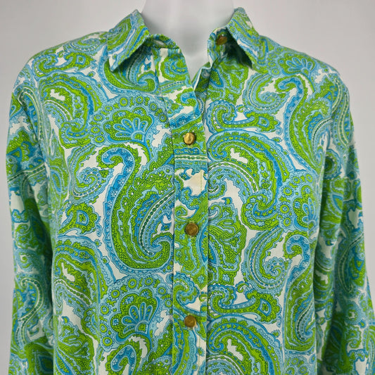 Vintage Early 1970s Boho Green/Blue Paisley Long Shirtdress/House Dress (XL)