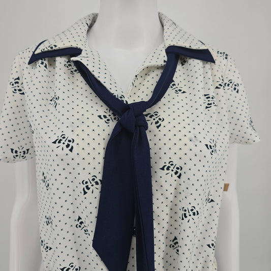 Vintage 1970s White/Navy Butterfly Print Sailor Tie Knee Length Shirtdress (L)