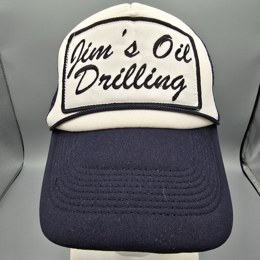 Spirit Halloween Jim's Oil Drilling Navy & White Mesh Back Patch Trucker Hat