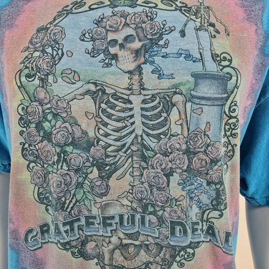 2010s Liquid Blue Grateful Dead Skeleton & Roses Faded Graphic T-Shirt (2XL)