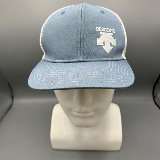 Descente Skiing Mesh Back Six Panel Blue and White Embroidered Logo Trucker Hat
