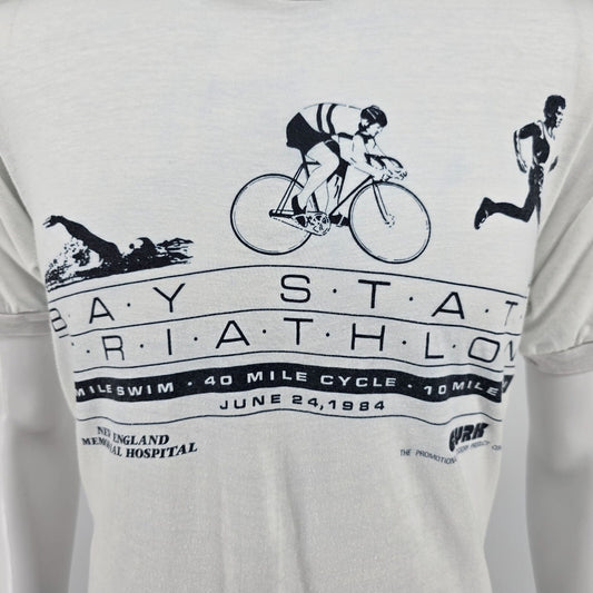 Vintage Screen Stars 1984 White Bay State Triathlon "Official CYRK" T-Shirt (M)