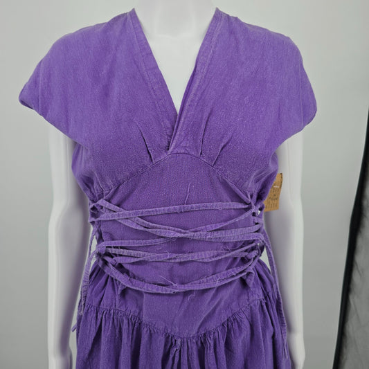 Vintage 1980s Washed Violet Purple Boho Corset Lace Basque Waist Midi Dress (M)