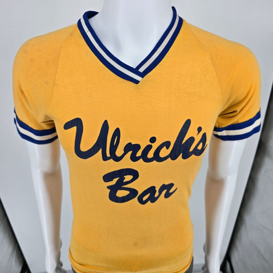 Vintage 1970's Ulrich's Bar Yellow Striped Ringer Jersey T-Shirt (XS/S)
