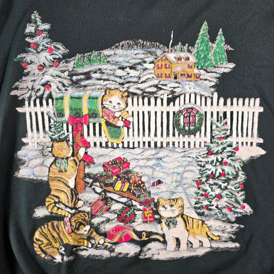 Vintage 1990s Nutcracker Women's Glitter Christmas Cats Collared Sweatshirt (XL)
