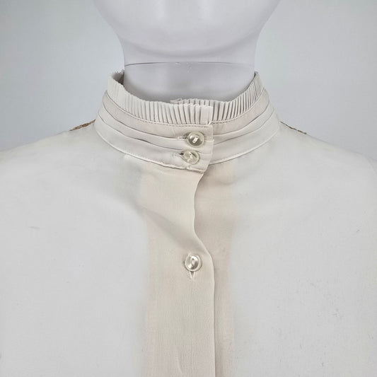 Vintage Late 1970s Shapely Sheer Ivory Lace Medallion Panel Blouse (XL) *Flaws