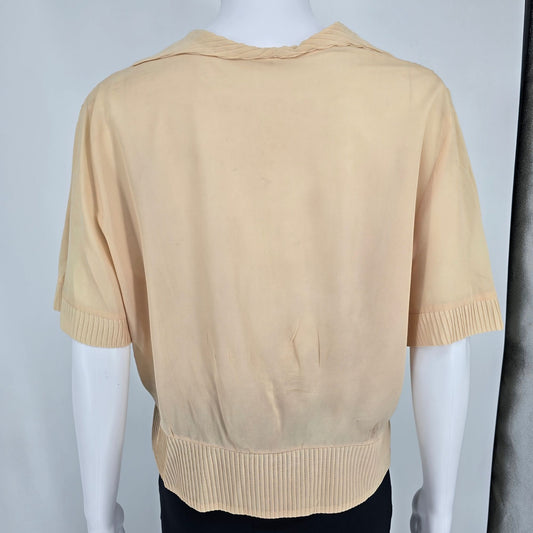 Vintage 1960s Peach Rhinestone Button Ribbed Trim V-Neck Blouse Top (XL) *Fair