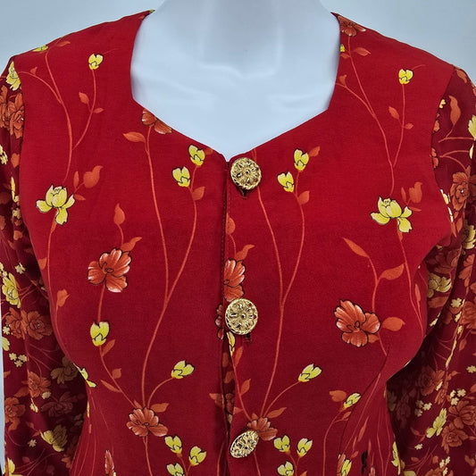 Vintage 1990s Women's Unbranded Red Floral Longline Bell Sleeve Tunic Top (S)