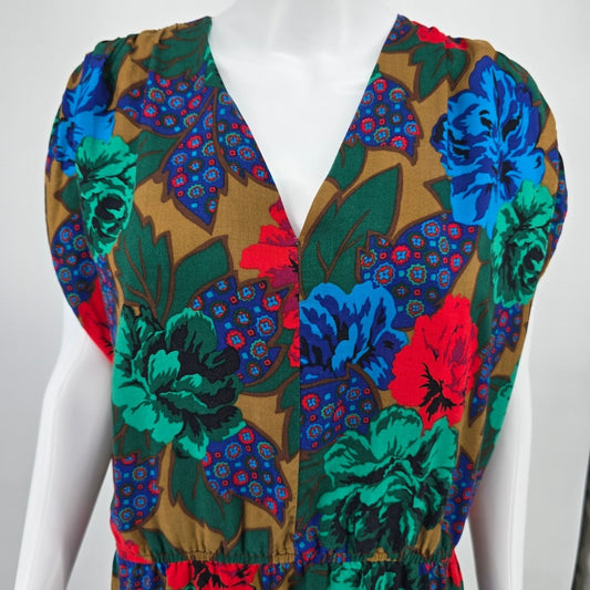 Vintage 1980s Unbranded Floral Print Dolman Sleeve V-Neck Midi Dress (XL)
