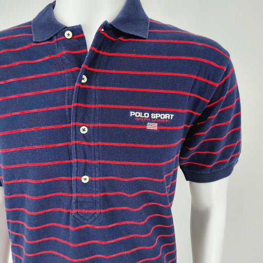 Vintage 1990s Polo Sport Ralph Lauren Blue and Red Striped Four Button Polo (L)