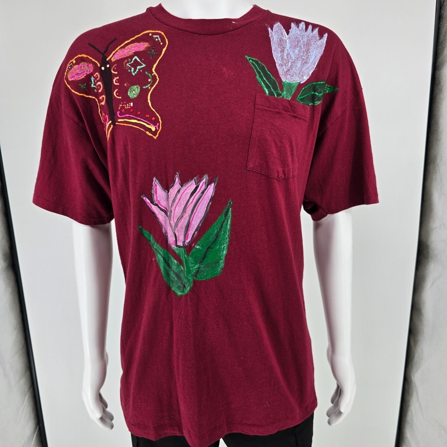 Vintage 1990s Hanes DIY Hand-Painted Butterfly & Flowers Pocket T-Shirt (XL)