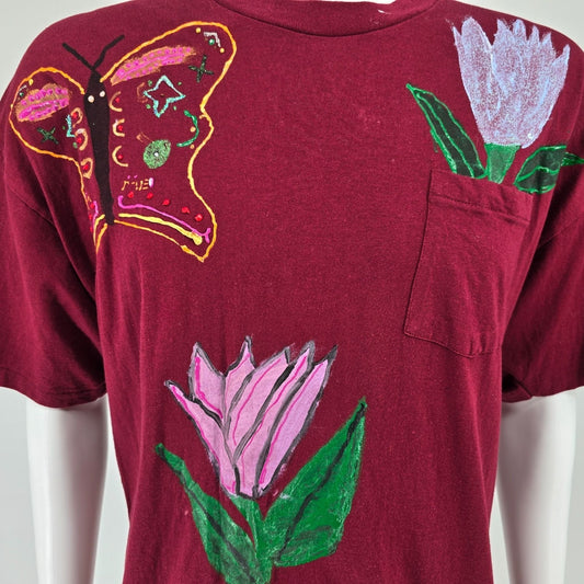 Vintage 1990s Hanes DIY Hand-Painted Butterfly & Flowers Pocket T-Shirt (XL)